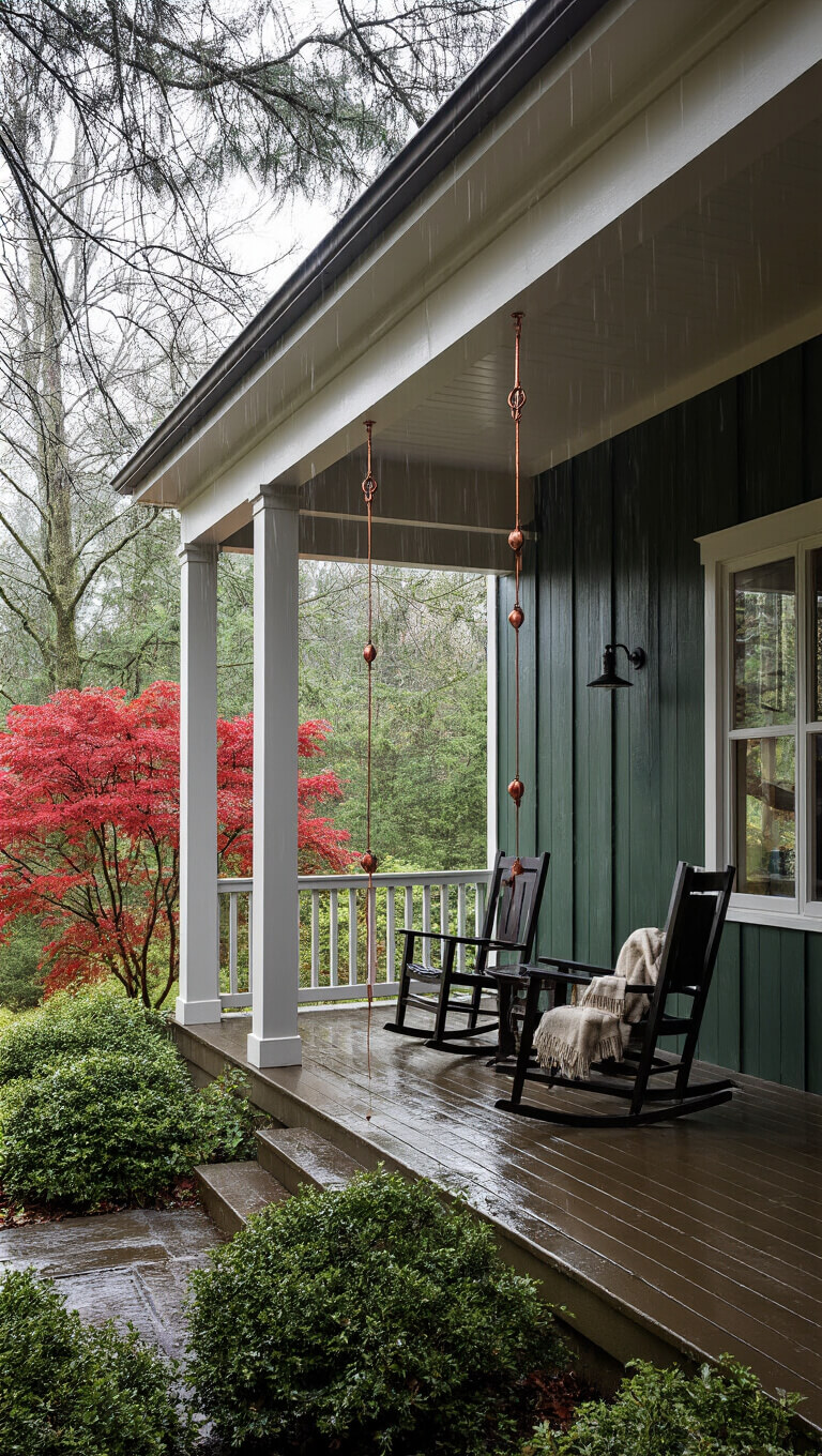 Rainy day exterior of dark green cabin with white trim, deep porch overhang sheltering rocking chairs and wool throws, copper rain chains, and red Japanese maple, all enhanced by moody lighting and wet reflections.
