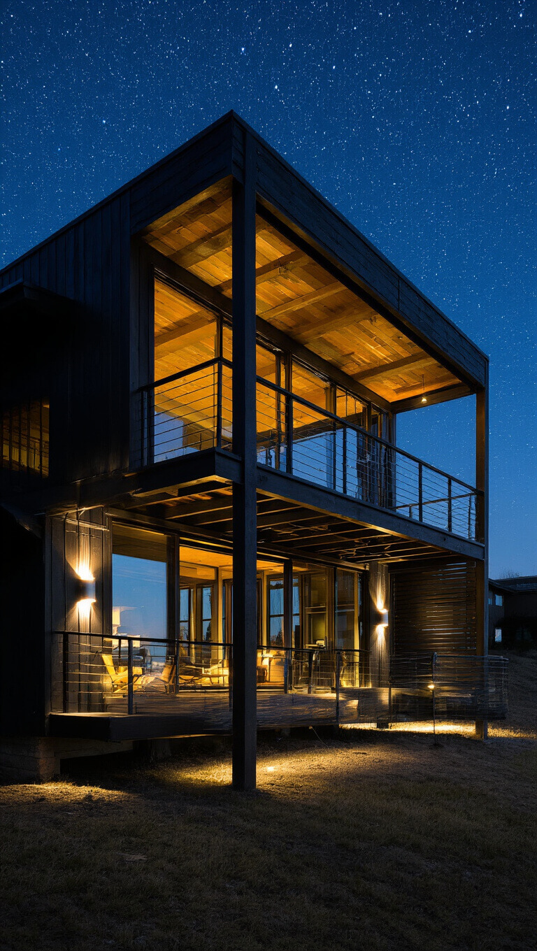Nighttime view of a modern black-timber cabin with glass walls, glowing interior lights, uplighting on structure, floating deck, and starry sky captured in long exposure.
