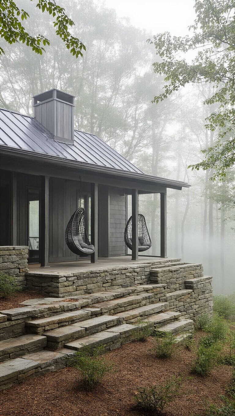 Atmospheric wide shot of a misty morning cabin with weathered gray cedar siding, screened porch featuring contemporary hanging chairs, patina metal roof, native stone retaining walls with steps, and soft ground fog creating an ethereal mood.