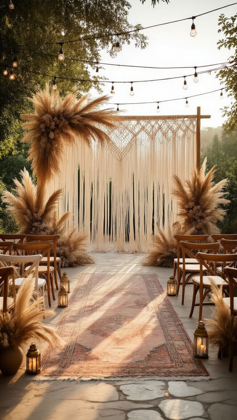 Boho outdoor wedding terrace with macramé backdrop, pampas grass, vintage rugs and chairs, brass lanterns, and bistro lights at golden hour.