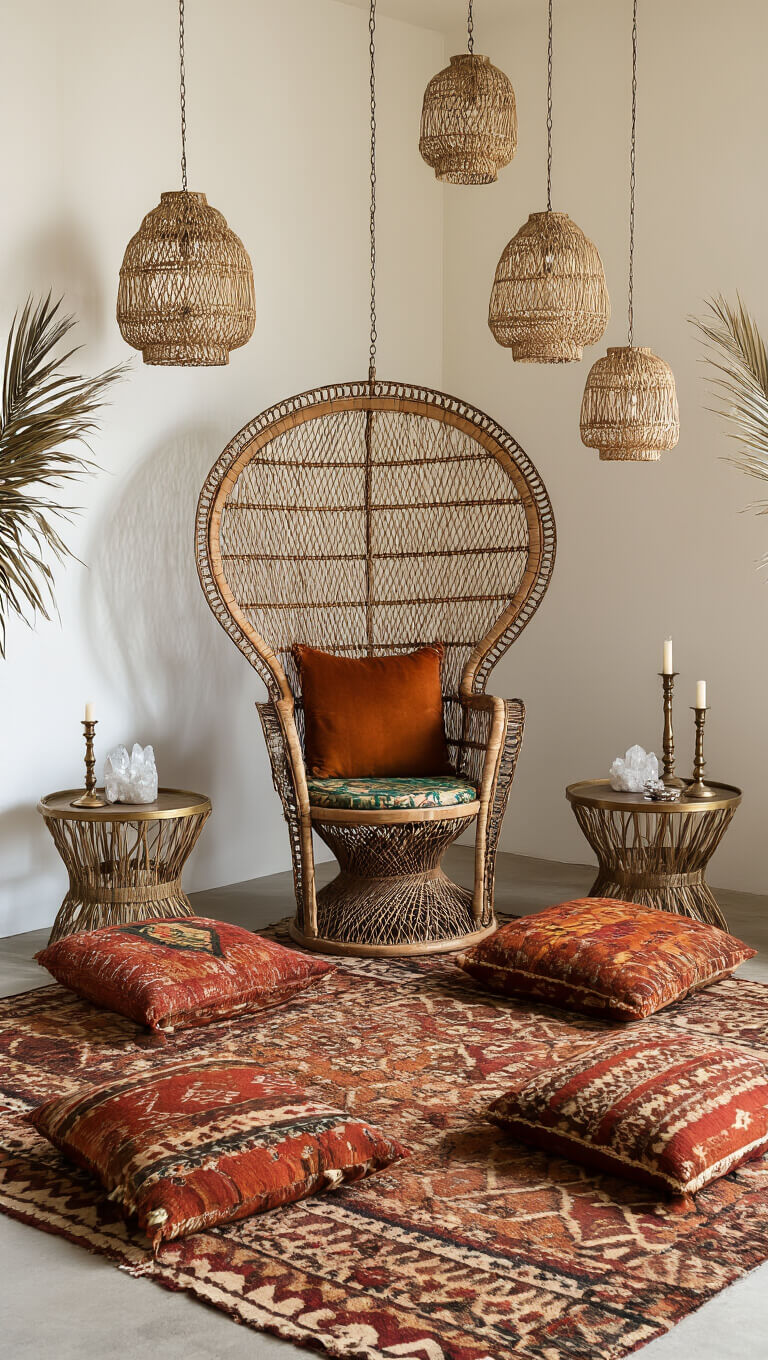 Boho lounge with peacock chair, Moroccan cushions, tribal rugs, rattan lights, brass tables, and dried palm decor in warm earth tones.