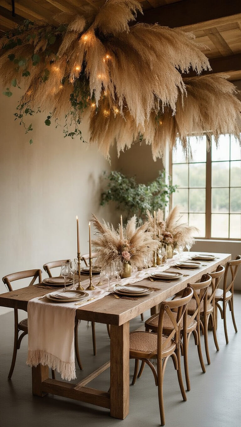 Bohemian-style dining table with silk runners, brass candlesticks, and vintage wooden chairs, set under pampas grass and eucalyptus canopy with fairy lights; mix of ceramic plates and gold flatware in sand, sage, and blush tones, shot from elevated angle in warm late afternoon light.