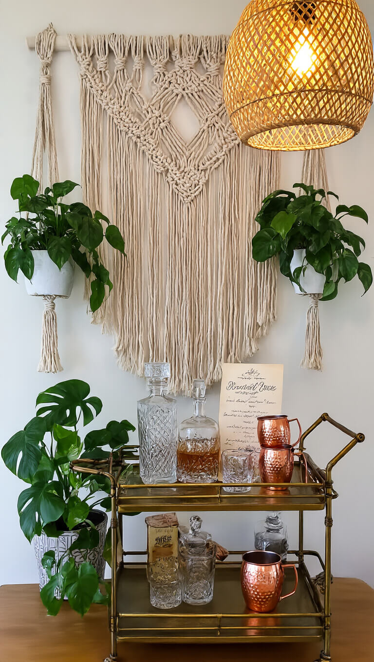Boho-style bar cart with crystal decanters and copper mugs, set against a large macramé hanging and potted monstera plants, warmly lit with honeycomb shadows from a rattan pendant light.