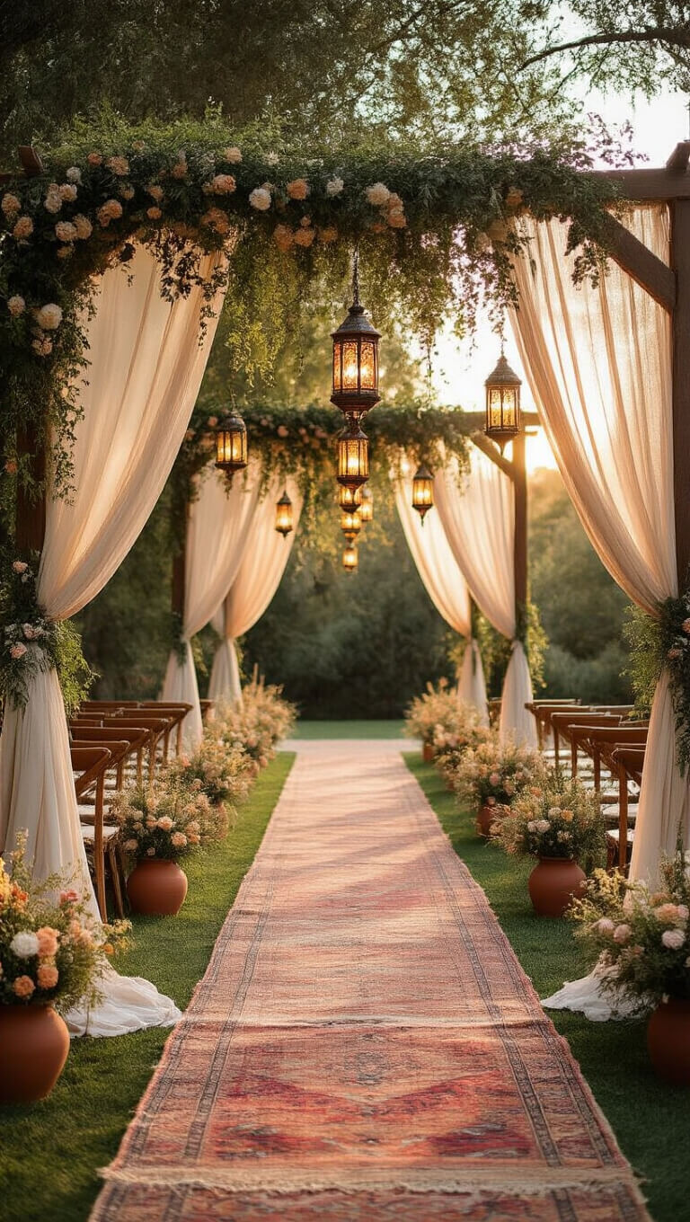 Elevated view of a 40ft outdoor wedding aisle with Moroccan lanterns, terracotta floral arrangements, vintage rugs on grass, and a wooden arch draped in sheer fabric and jasmine, bathed in golden hour light.