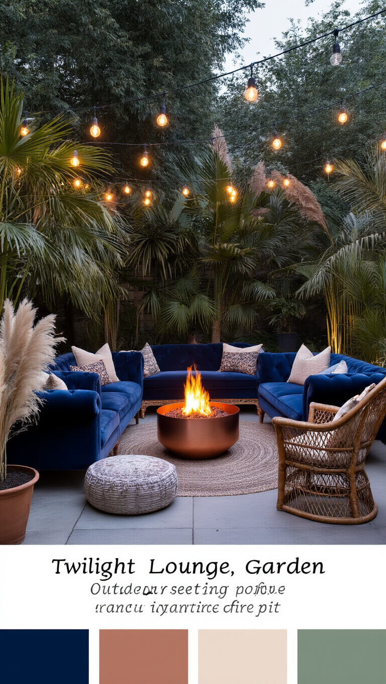 Twilight garden lounge with vintage velvet sofas, rattan peacock chairs, Moroccan poufs, and copper fire pit, framed by palms and pampas grass under string lights at blue hour.