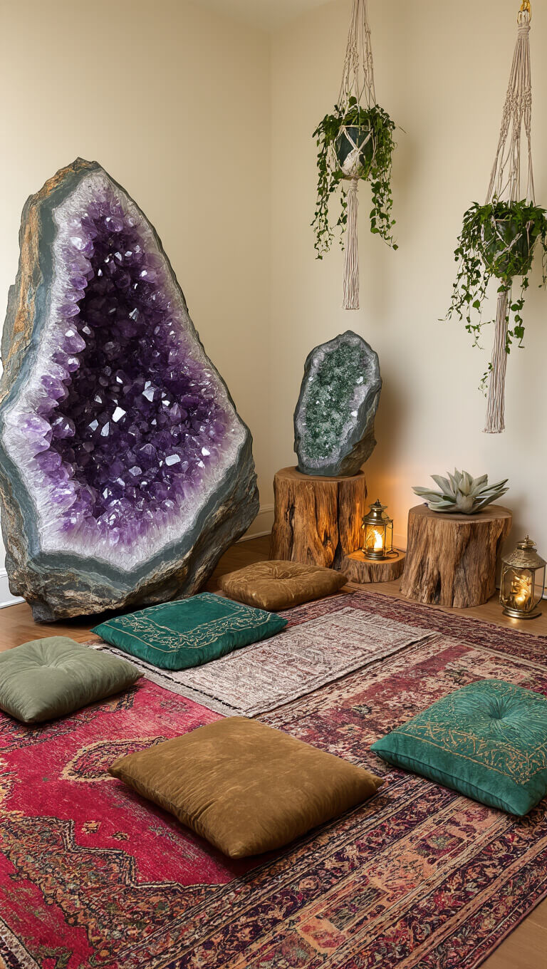 Low-angle view of a cozy 10x10ft meditation space with large crystal specimens on raw wood pedestals, layered vintage rugs, jewel-toned floor cushions, trailing vines in macramé hangers, and warm brass lantern lighting.
