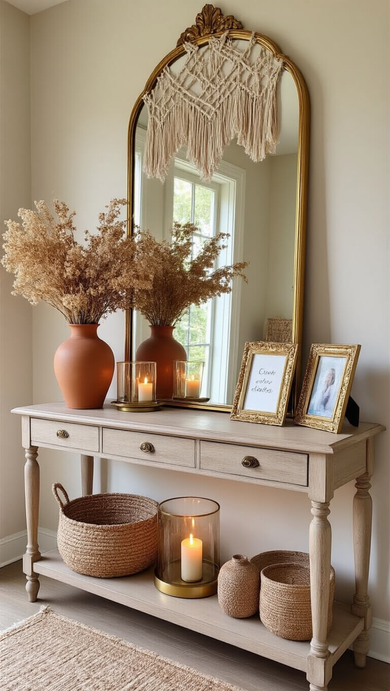 Boho welcome station with vintage console table, guest book, brass-framed photos, macramé mirror, dried flowers, and warm natural light.