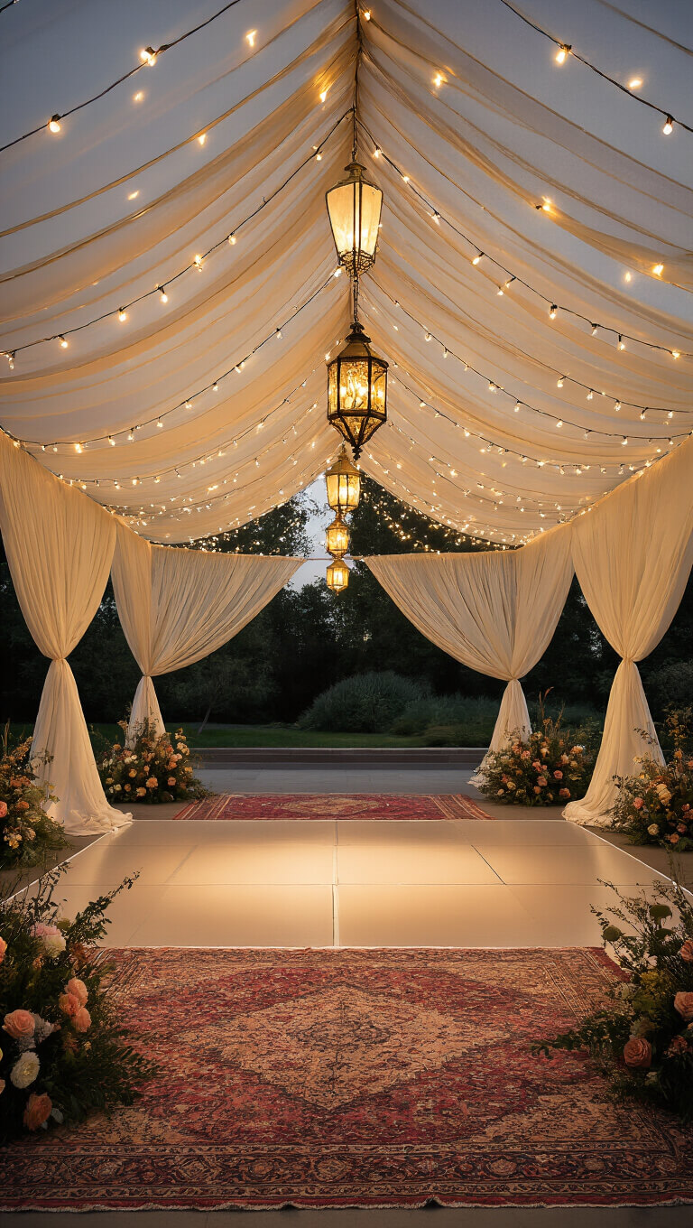 Evening view from below of a 20x20ft outdoor dance floor with ivory billowing fabric canopy, warm twinkle lights, hanging brass lanterns, vintage Persian rugs outlining edges, and organic floral installations at corners.