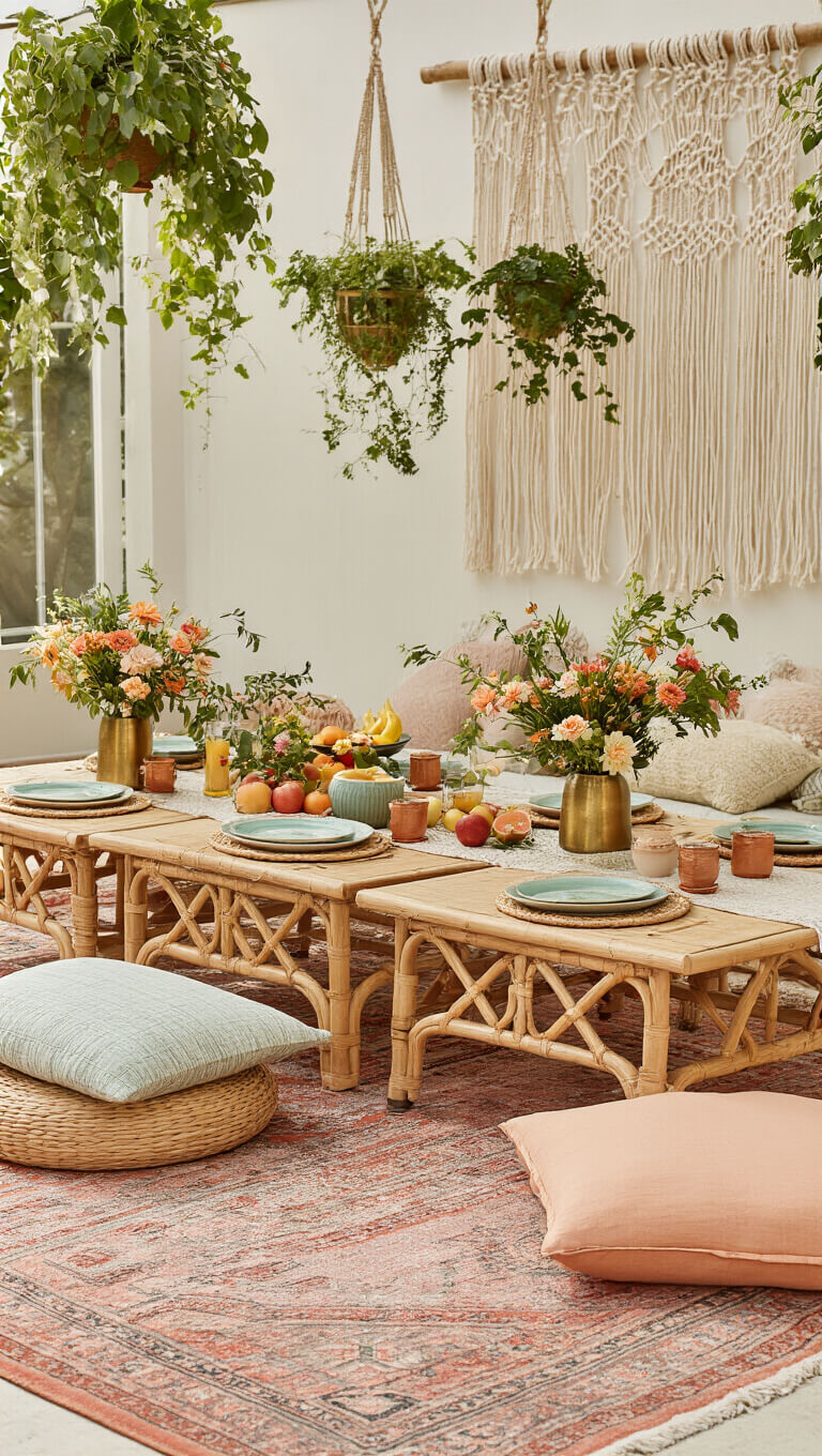 Casual morning-after brunch picnic with low tables, floor cushions on vintage rugs, handmade ceramics, fresh fruit and flowers in brass vessels, macramé backdrop, and hanging plants in soft morning light.