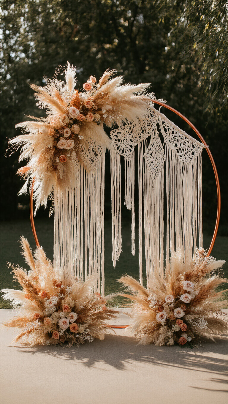Circular copper wedding arch with asymmetrical dried flowers, pampas grass, macramé layers, and crystal prisms in golden late afternoon light.
