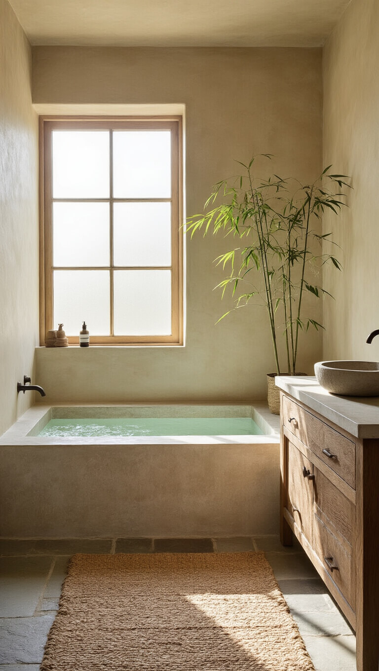Serene 8x10ft bathroom with natural stone tub, aged teak vanity, slate floors, and bamboo in soft morning light.