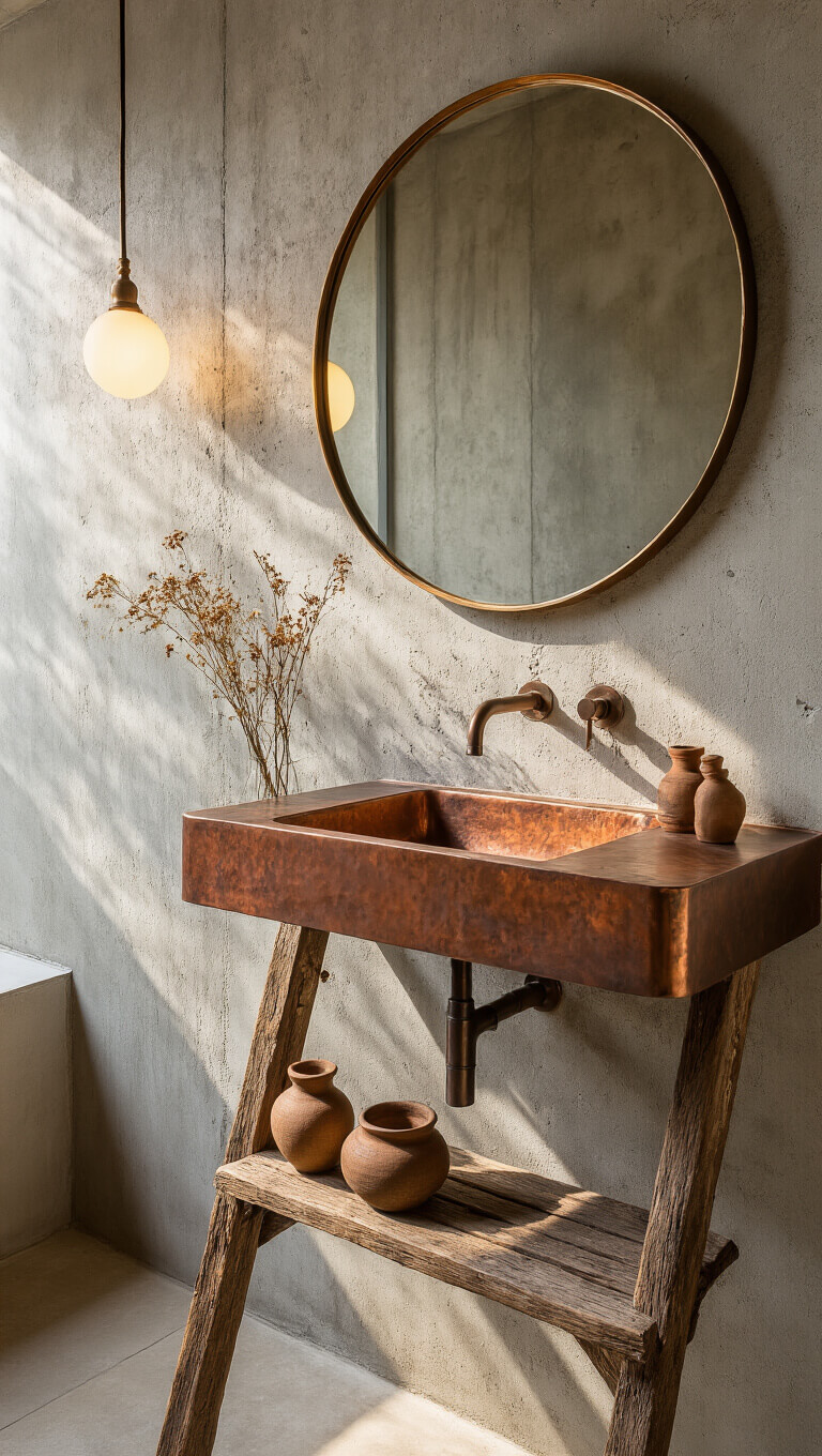 Low-angle view of a small powder room at golden hour with a distressed copper sink against a raw concrete wall, reclaimed wooden ladder shelf with ceramics and dried botanicals, and an asymmetrical brass-framed mirror reflecting warm light.