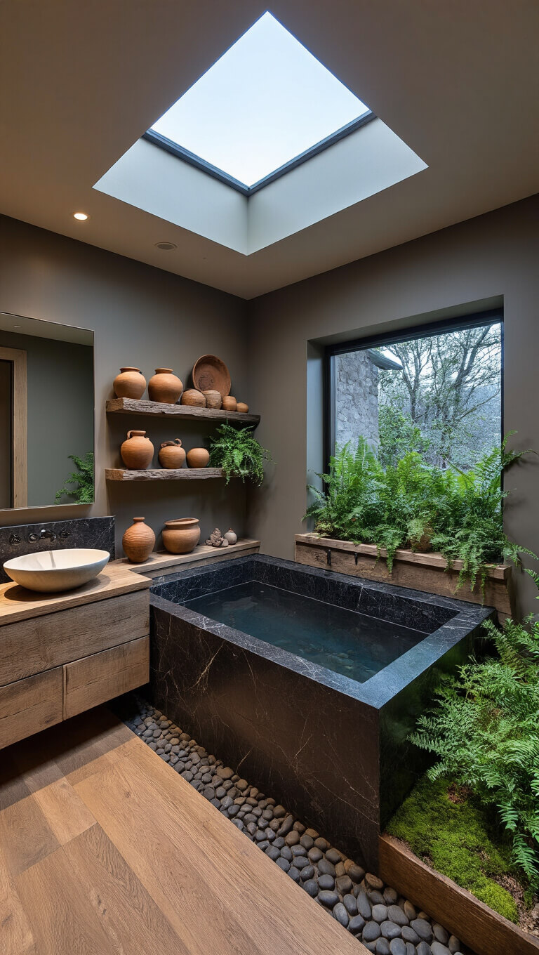 Moody master bathroom at dusk with black granite tub under skylight, oak vanity with twin basins, pottery on wooden shelves, stone and wood flooring, and lush plant accents.