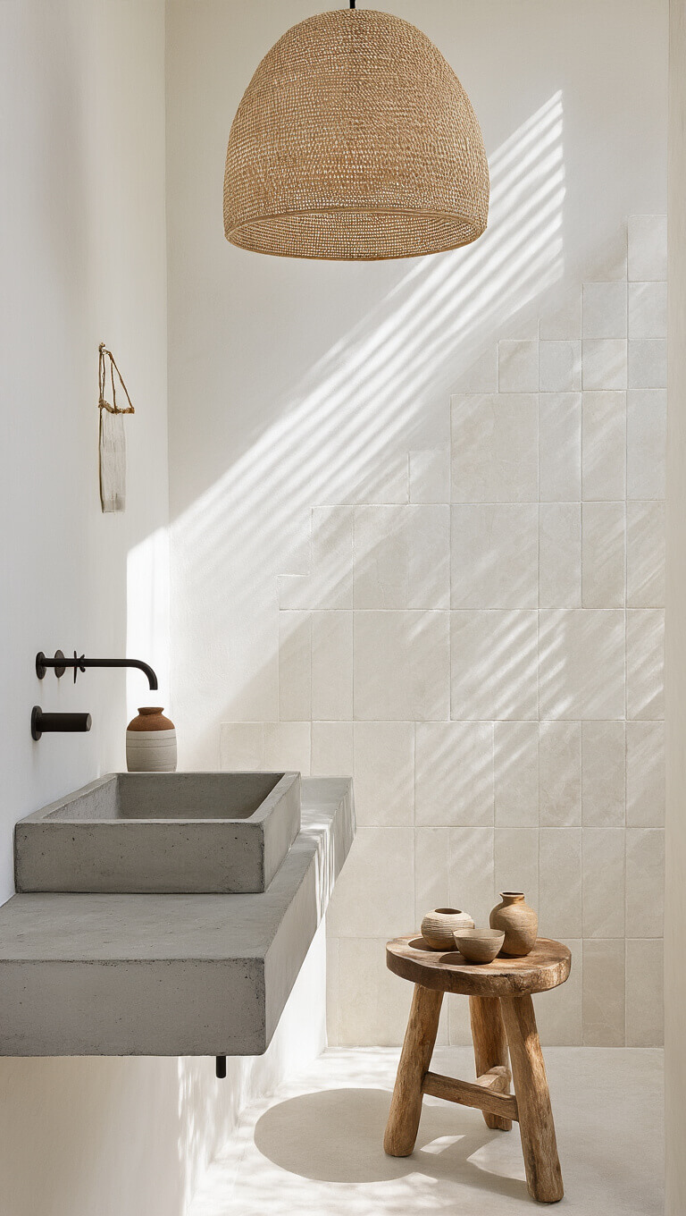 Minimalist 7x9ft guest bathroom with floating concrete sink, vintage wooden stool, handmade tiles, and natural fiber pendant casting shadows in bright daylight.