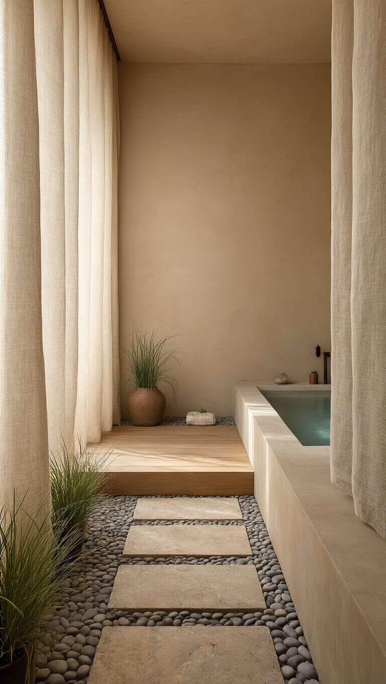 Zen-style bathroom with stone pebble floor, raised wooden soaking tub, silk curtains, earth-toned clay tiles, and potted grasses in soft morning light.