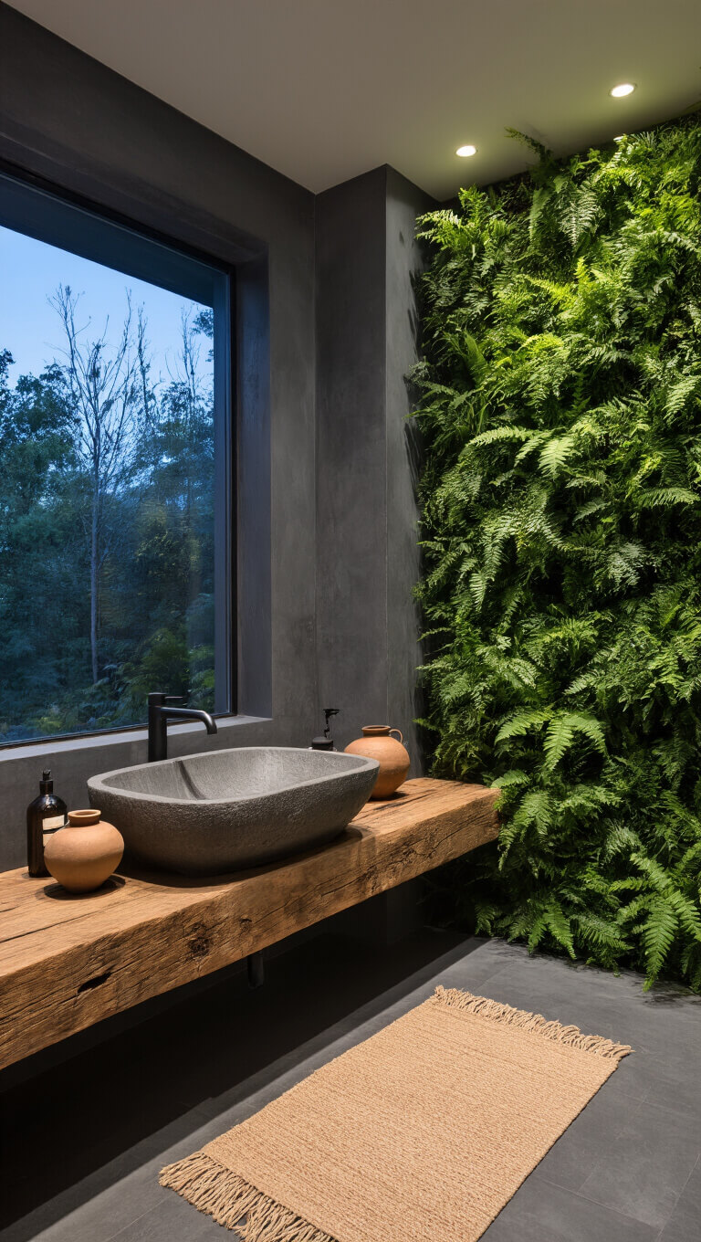Contemporary 11x13ft bathroom with charcoal concrete walls, large stone sink, reclaimed timber shelf with wabi-sabi pottery, natural fiber runner, and living fern wall accented by moody twilight lighting.