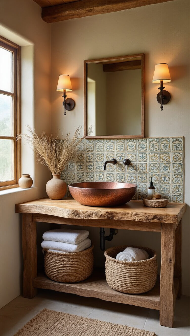 Rustic 8x12ft bathroom with raw edge wood vanity, copper vessel sink, ceramic tile backsplash, woven baskets, dried botanicals, and warm afternoon light.