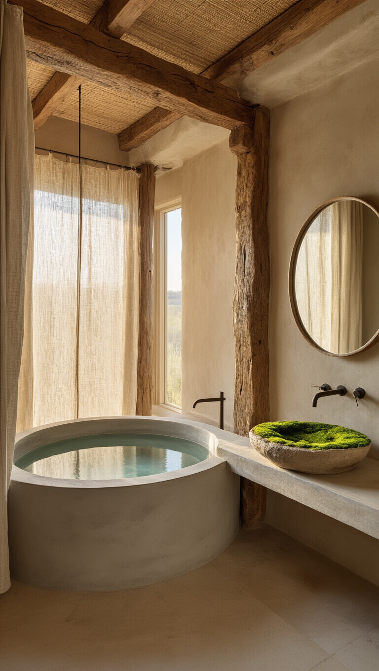 Serene 10x10ft bathroom at dawn with circular concrete soaking tub, repurposed wooden beam vanity, stone basin with moss, hemp curtains, and clay walls bathed in soft morning light.