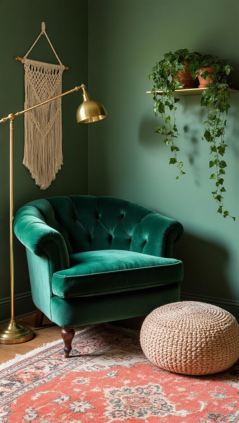 Cozy golden hour reading nook with emerald velvet chair, brass lamp, jute pouf on Persian rug, macramé wall hanging, and trailing ivy on brass shelf against green walls.