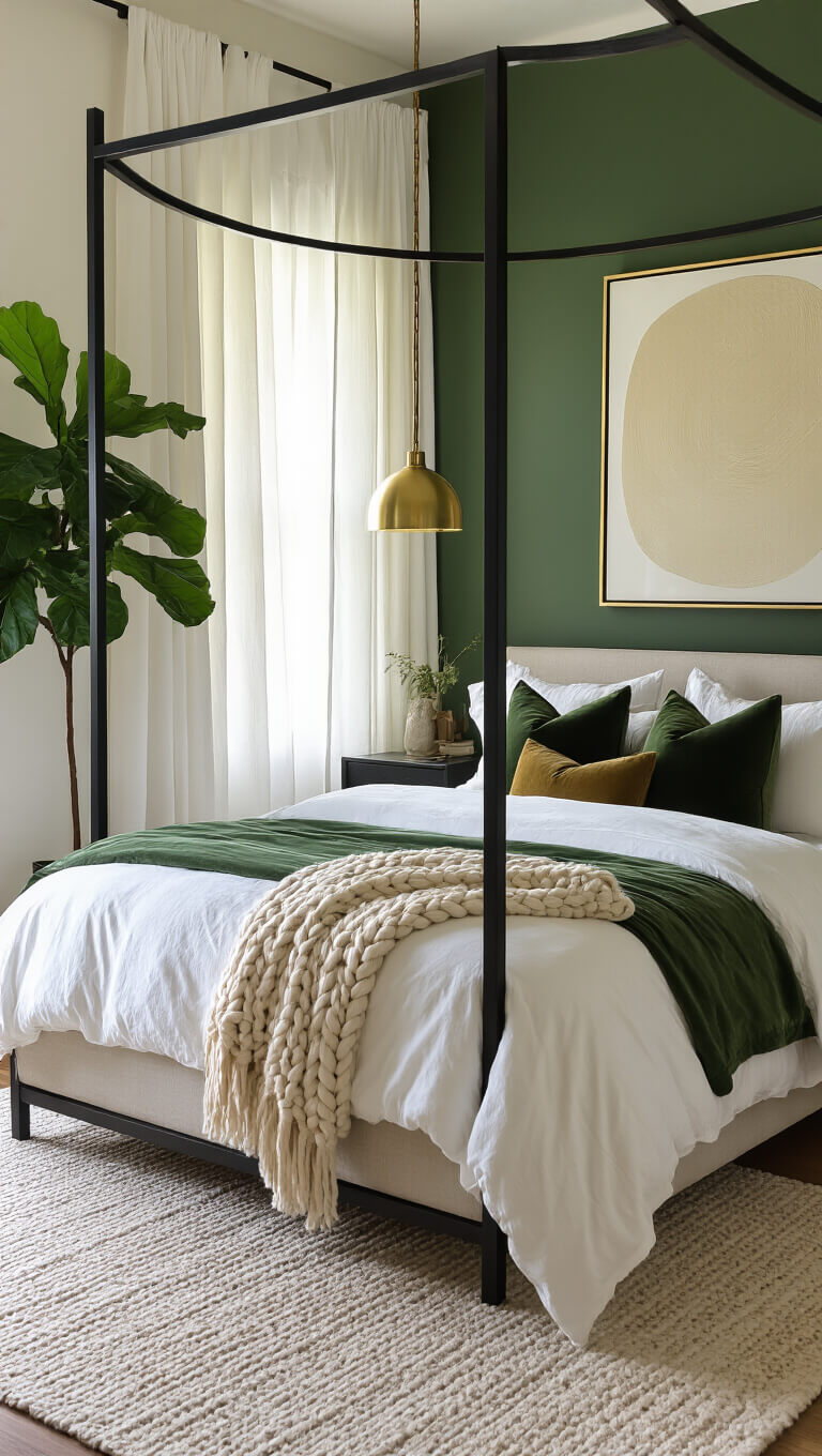 Wide-angle view of a sunlit primary bedroom with Basil Green walls, black four-poster bed, white bedding, moss green accents, brass pendant lights, abstract art, and a fiddle leaf fig.