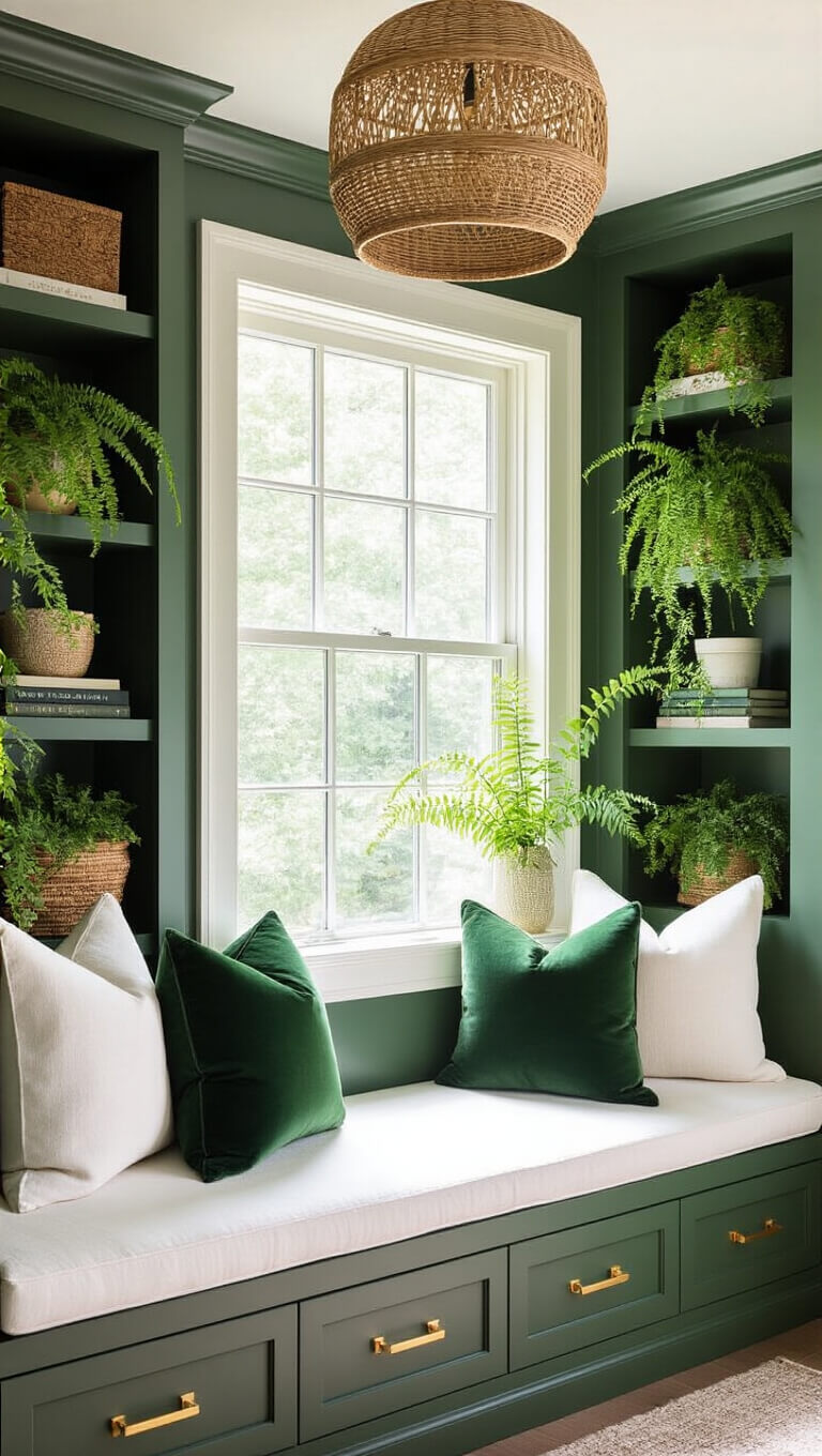 Brightly lit bedroom corner with built-in window seat, green bookshelves, rattan pendant light, and lush potted plants.