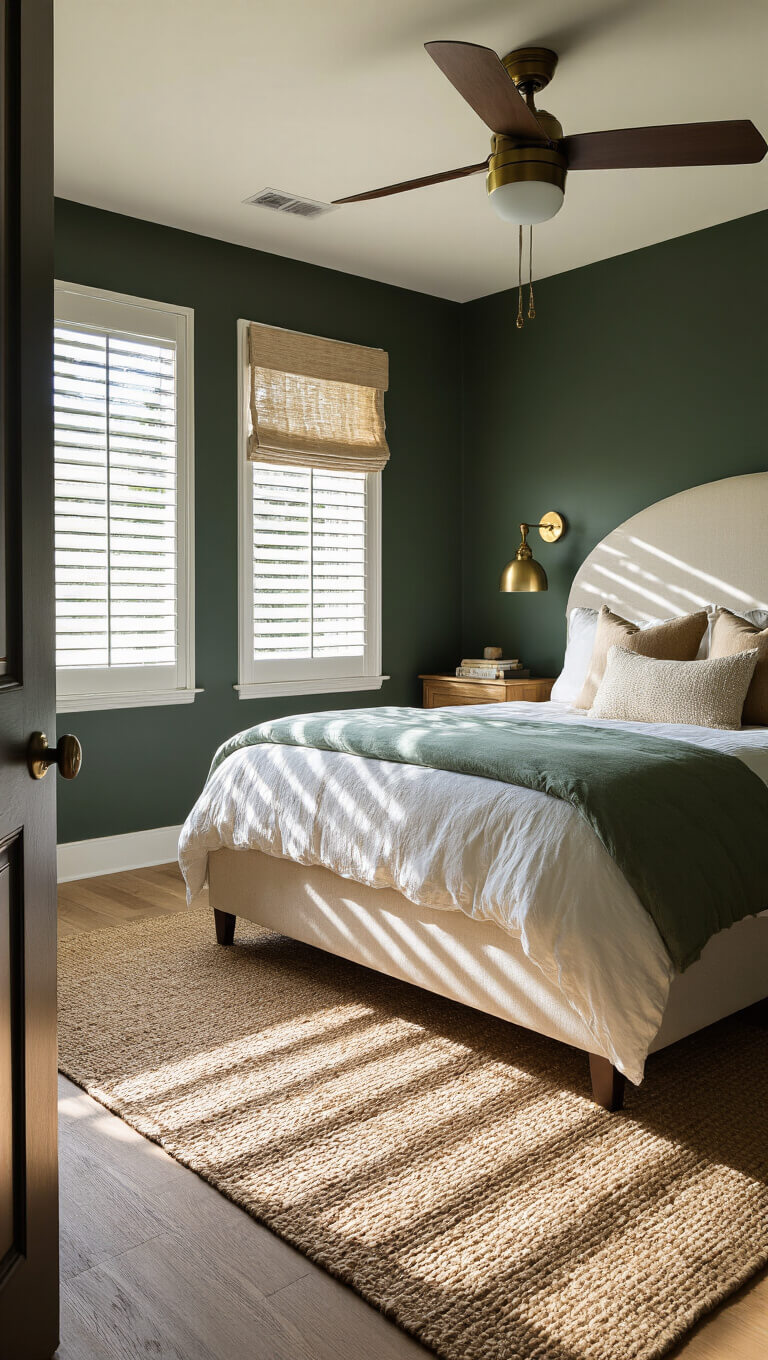 Wide shot of a 14x16ft bedroom with early morning light casting striped shadows through plantation shutters onto hunter green walls, featuring a cream bouclé curved headboard, vintage brass sconces, modern ceiling fan, roman shades, and a jute rug.