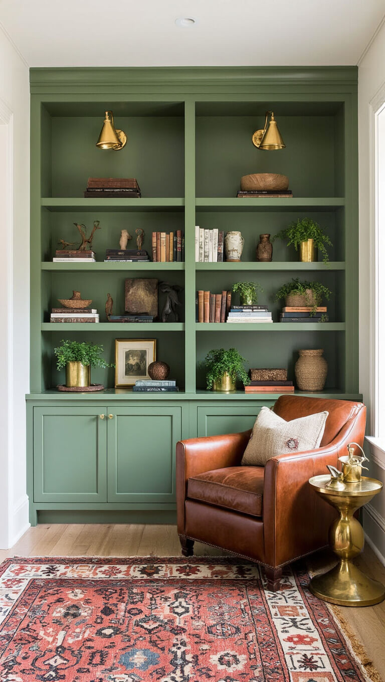 Cozy bedroom alcove with Basil Green built-ins, brass lights, cognac leather chair, vintage kilim rug, and styled shelves with plants and books.