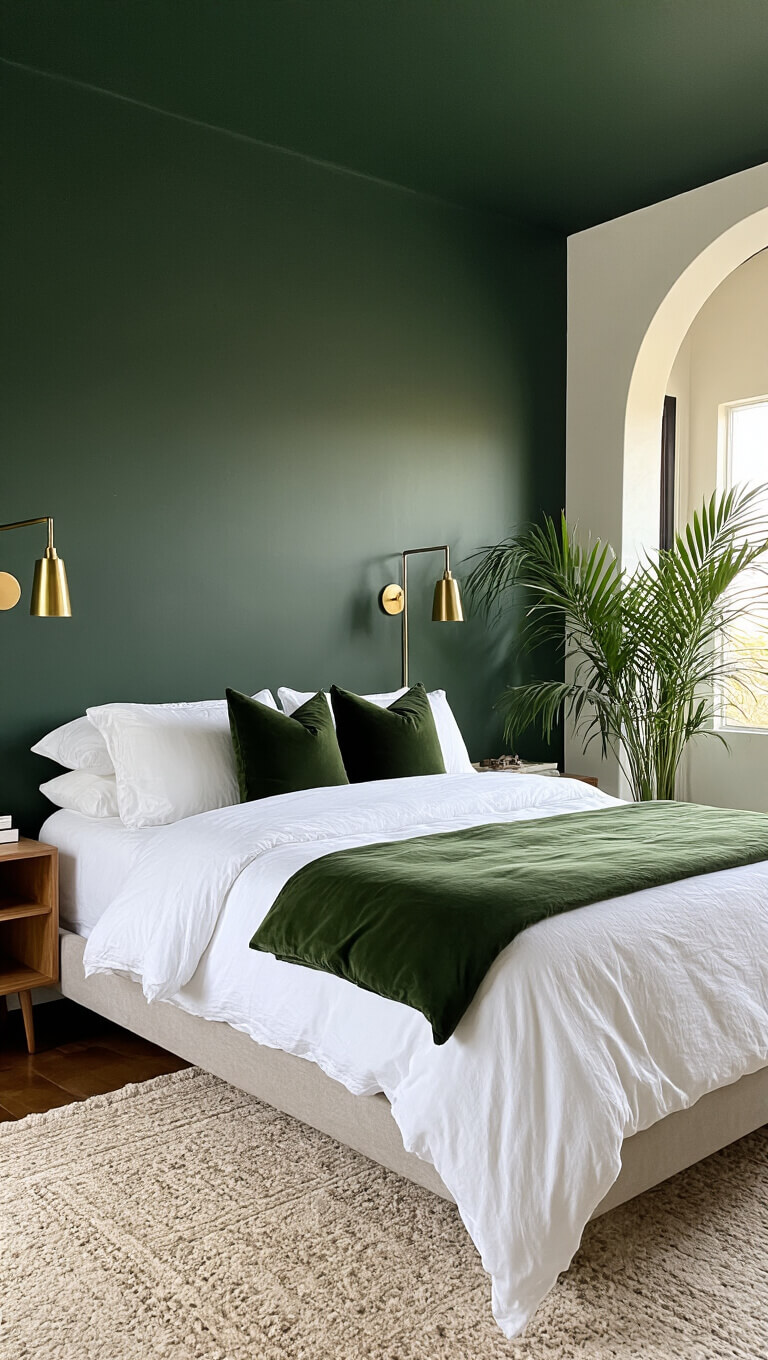 Bedroom with hunter green walls and ceiling, low platform bed with white linens and moss pillows, brass sconces, arched mirror, and potted palm at dusk.