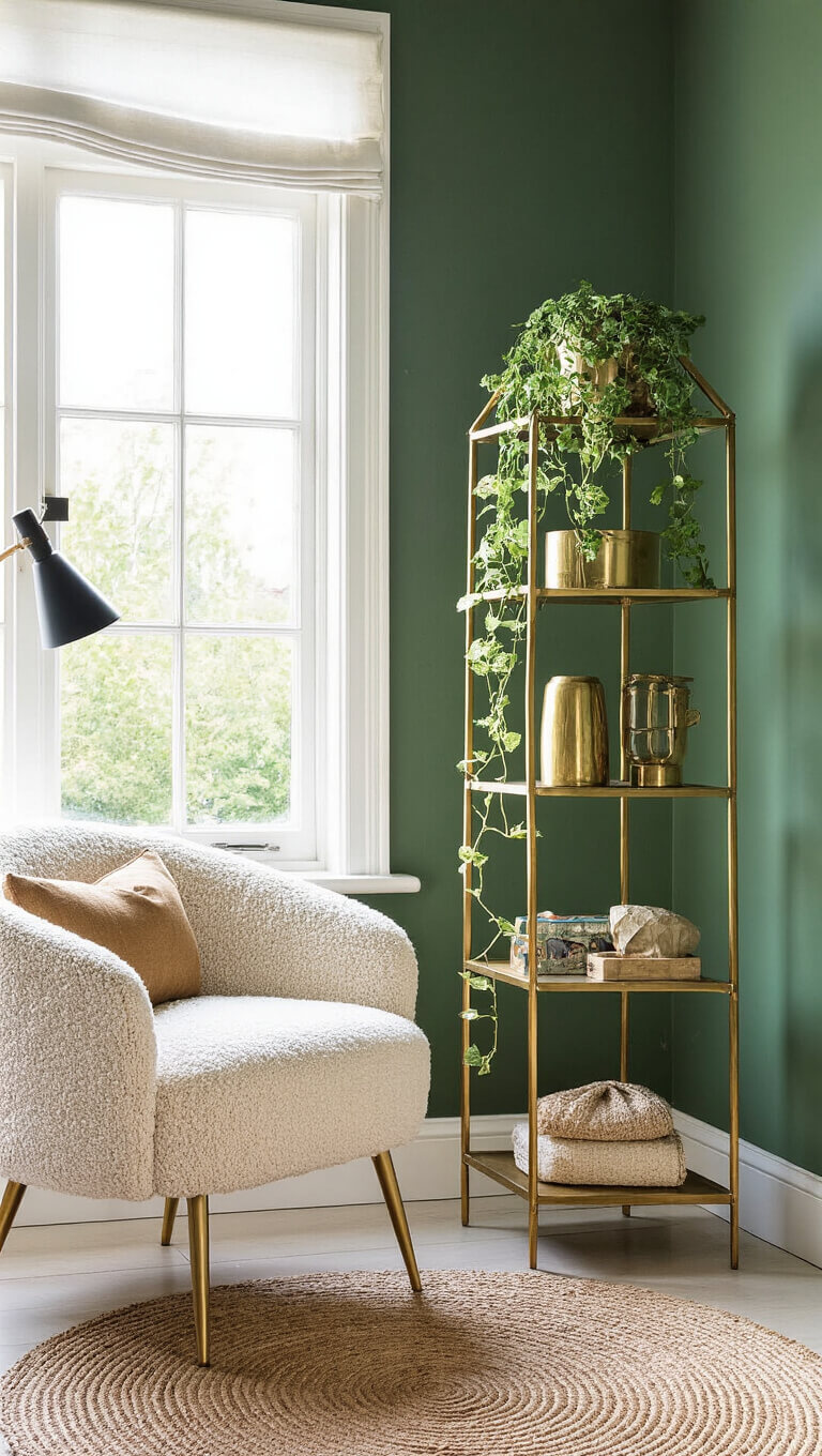 Bright bedroom corner with brass étagère, vintage decor, cream boucle slipper chair, jute rug, and black and brass task lighting against green walls.
