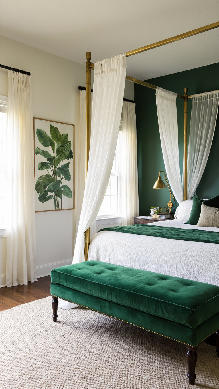 Canopy bed with brass frame and sheer white drapes in sunlit bedroom with Hunter Green accent wall, emerald velvet bench, vintage brass lamp, and botanical artwork.