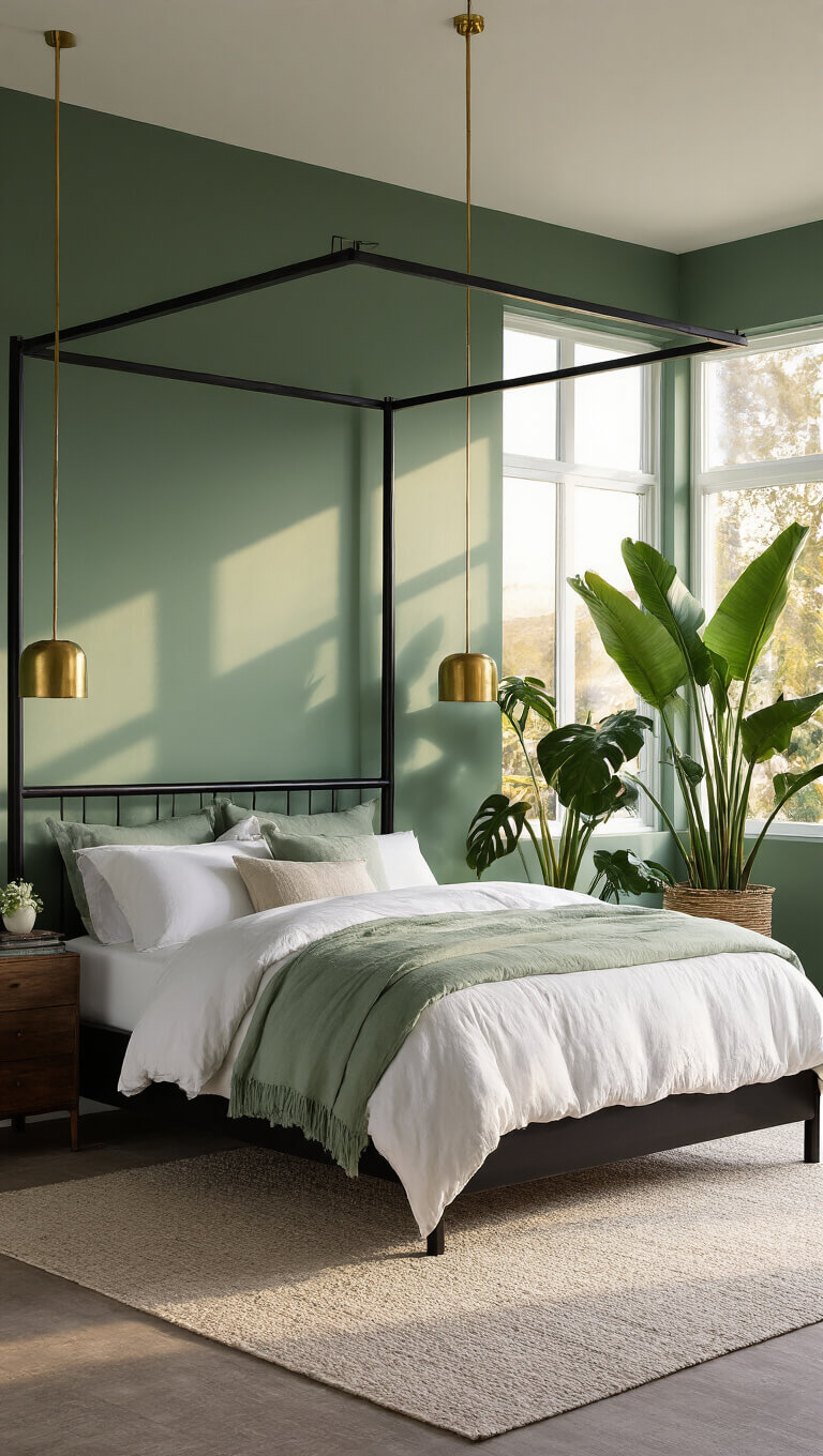 Sunlit bedroom with Basil Green walls, black metal four-poster bed with white and sage linens, brass pendant lights, and large tropical plants by floor-to-ceiling windows.