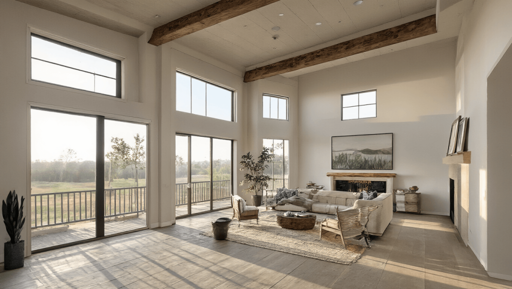 "Modern rustic barndominium interior with soaring ceilings, exposed wooden beams, floor-to-ceiling windows, in golden hour lighting."