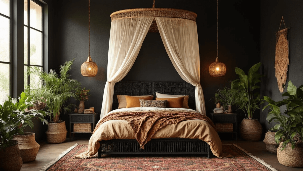 "Boho-style bedroom with black rattan canopy bed, layered earth-toned textiles, brass lighting, Moroccan rugs, and green plants against dark walls lit in warm golden light"