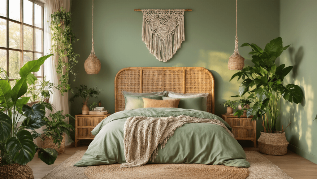 "Bohemian style bedroom with sage green wall, rattan headboard, monstera plant, macrame hangings, and golden hour lighting"