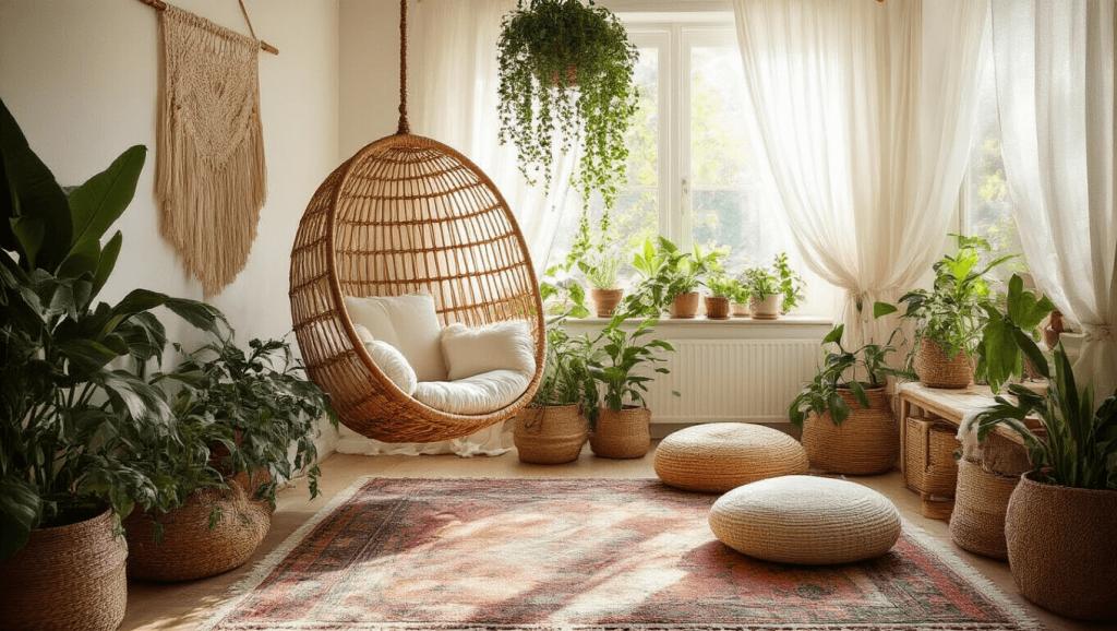 "Bohemian sunroom with rattan chair, plants, macrame decorations, vintage rugs, and morning light through white curtains"