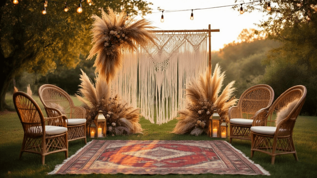 "Bohemian wedding setup with macramé backdrop, pampas grass decorations, vintage Persian rugs, brass lanterns, rattan chairs, and warm bistro lights during golden hour"
