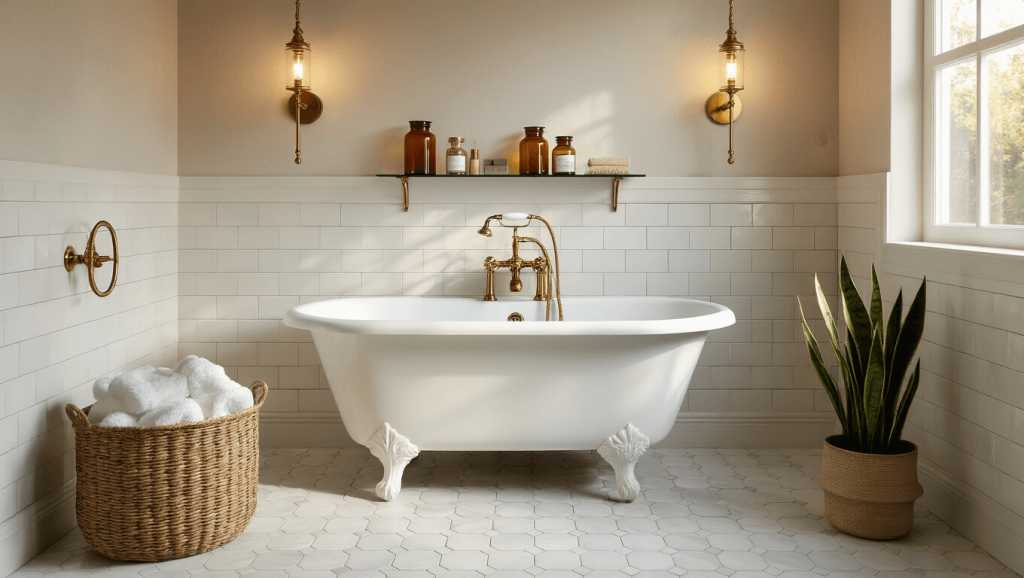 "Small luxury bathroom with white clawfoot tub, brass fixtures, and marble hexagonal floor tiles under warm evening light."