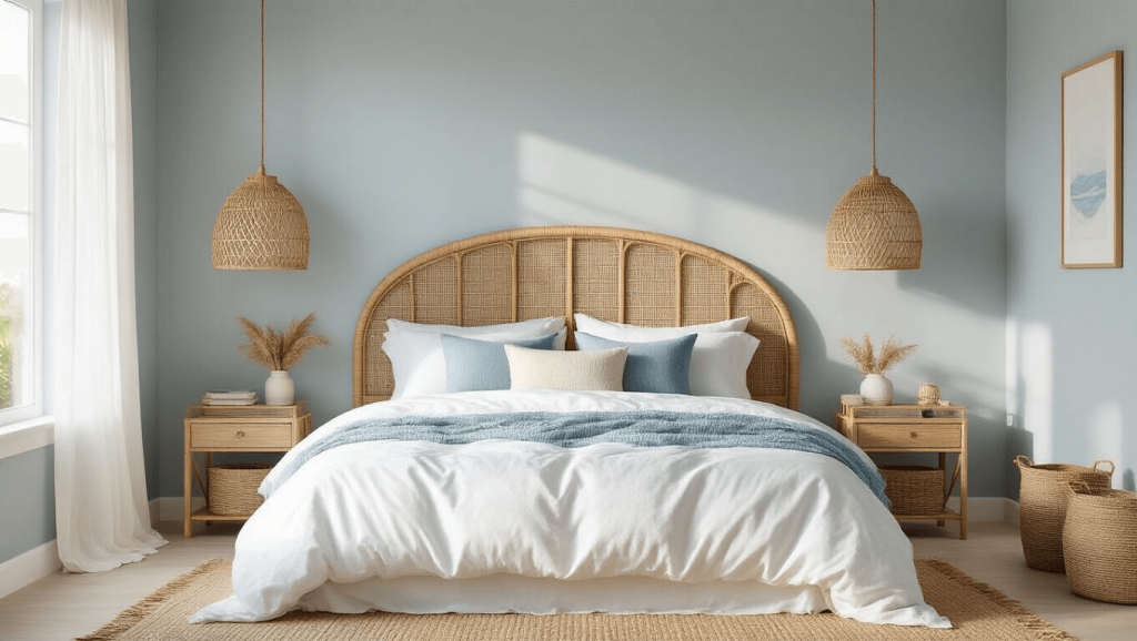"Coastal bedroom with rattan headboard, white linens, and natural textures in soft morning light"