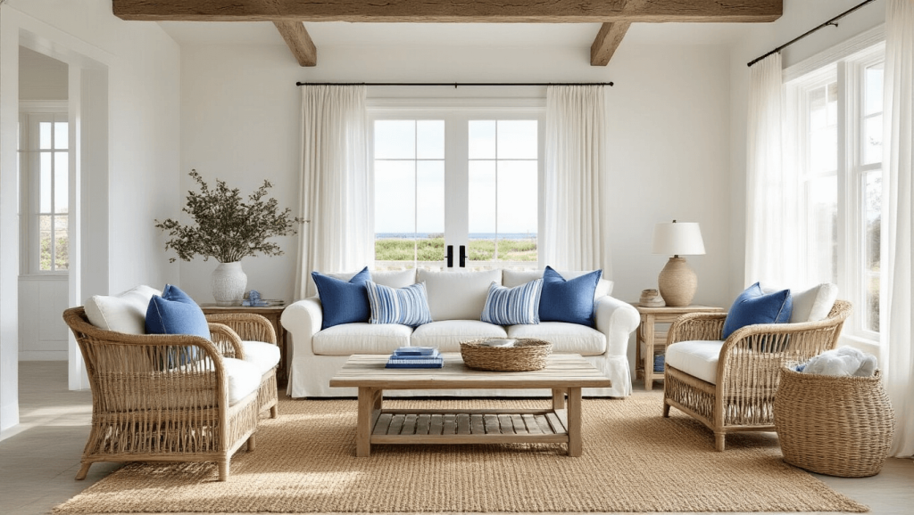 "Sunlit coastal farmhouse living room with white walls, weathered wood, cream sofa, rattan chairs, blue accents provided by striped pillows, under natural light"