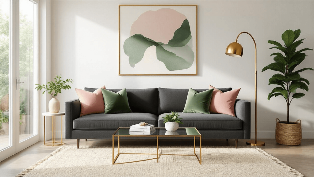 "Contemporary living room with dark grey sofa, blush and sage accents, gold floor lamp, glass table, large windows, and a fiddle leaf fig plant"
