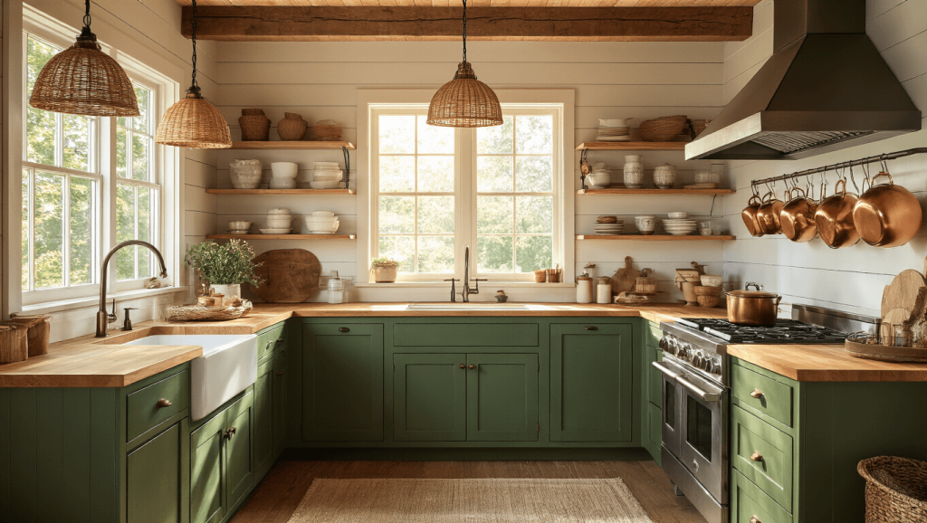 "Cozy cabin kitchen with forest green cabinets, butcher block countertops, and golden sunlight streaming through a window"