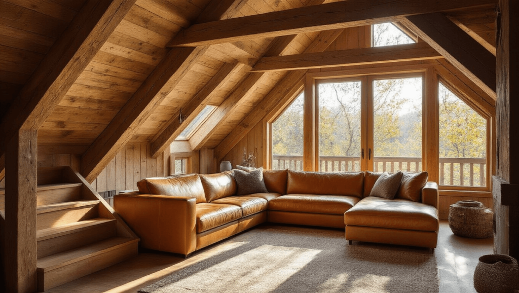 "Interior view of a cozy cabin with exposed wooden beams, large windows, a caramel leather sofa, and a loft area illuminated by warm morning light."