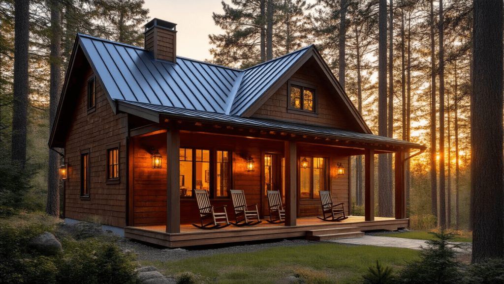 "Rustic cedar cabin with covered porch and teak rocking chairs at sunset, surrounded by evergreens"