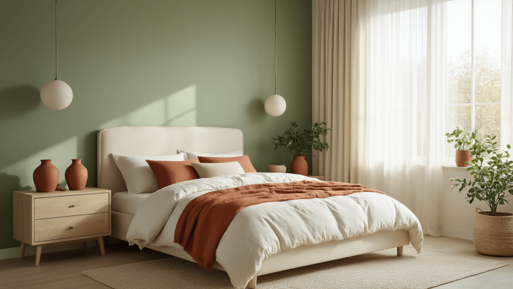 "Cozy bedroom with sage green accent wall, cream bed, terracotta bedding, light wood furniture and natural morning light"