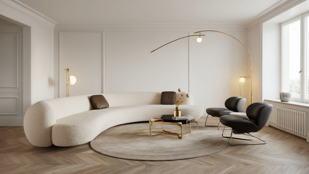 "Contemporary living room featuring a curved ivory boucle sofa, charcoal leather chairs, brass accents, warm golden hour lighting, herringbone floors in a minimalist and elegant setup"