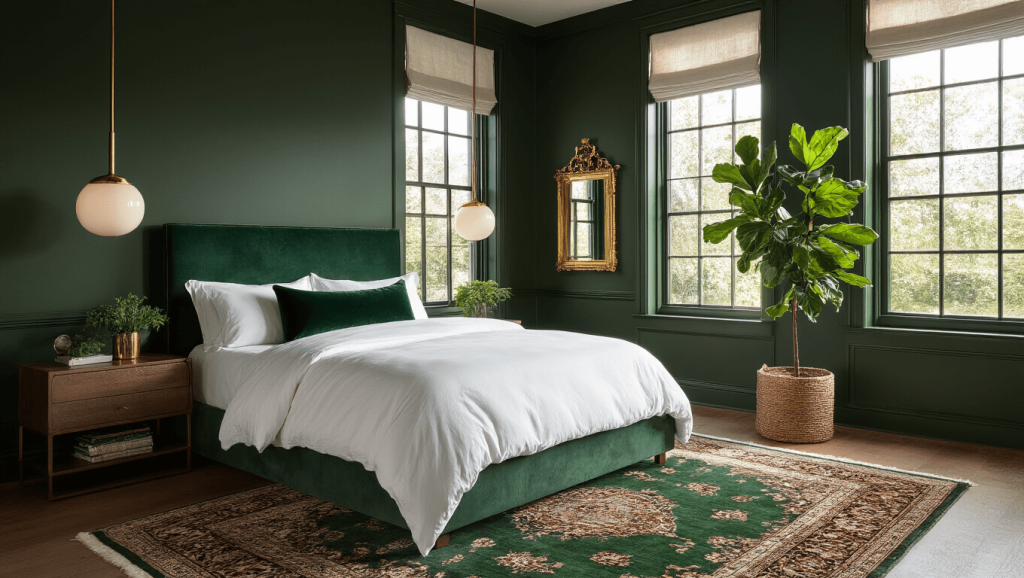 "Luxurious dark green bedroom with brass accents, natural sunlight and sophisticated decor"