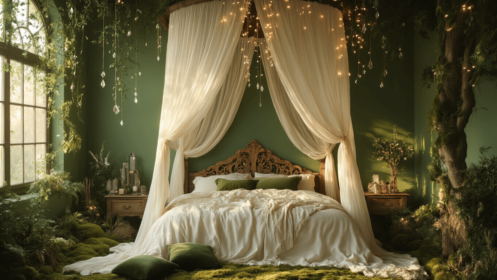 "Enchanted forest bedroom with green walls, canopy bed with flowing fabrics, ambient lighting, sparkling fairy lights, moss and crystal accents, and velvet pillows in a warm, golden light."