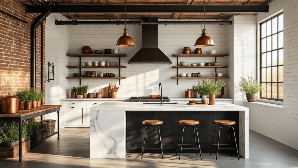 "Sunlit industrial farmhouse kitchen with a marble island, exposed brick walls, open shelving, vintage bar stools, and brass fixtures"