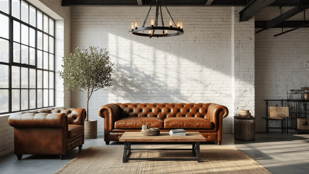 "Sunlit industrial loft living room with cognac leather Chesterfield sofa, black metal windows, vintage decor and warm lighting"
