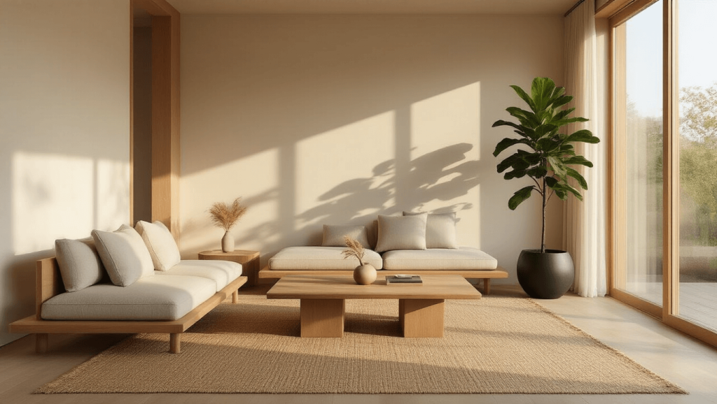 "Serene Japandi-style living room in natural light with minimalist oak furniture, neutral tones and a fiddle leaf fig plant"